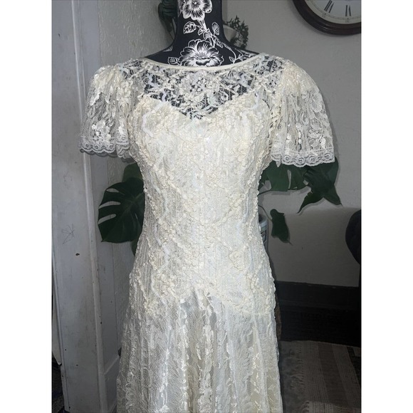 Vintage Ivory Ceam Lace Sequin Party Dress drop waist Sz 4 Bride shuet young - Picture 5 of 9
